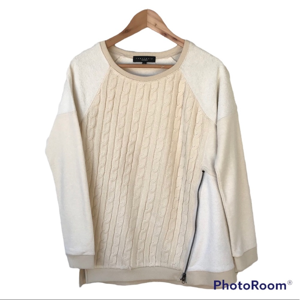 Sanctuary Sweatshirt Sweater | Raglan Sleeve Cable Knit | Neutral Mixed Material